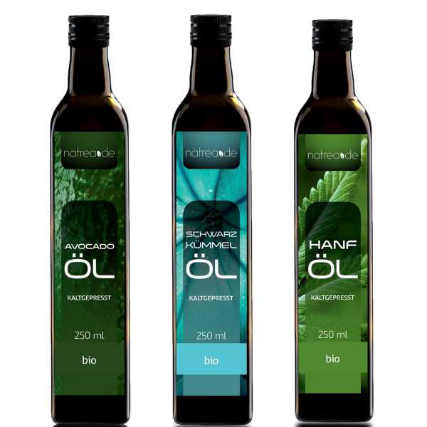 BIO-Probierset, 3 x 250 ml (Avocado-, Schwarzkümmel- & Hanföl)